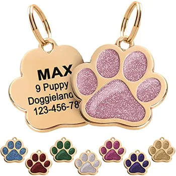 Personalizzati Oro Pet ID Tag Luccicanti Zampa Forma Personalizzata Lucido Cane Glitter Silenzioso Carino Doggy per Cuccioli Laser Inciso il Nome