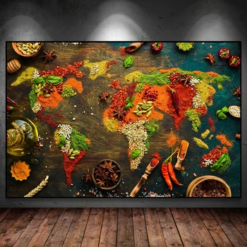 Tela Wall Art Mappa del Mondo di Spezie e Condimento Immagini Stampe di Opere d'arte per la Galleria salotto Decorazioni per la Casa Arredamento Cucina
