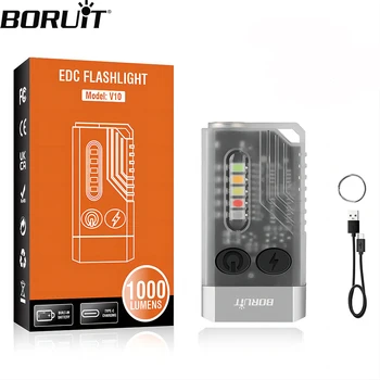 BORUiT V10 LED Portachiavi Torcia EDC di Tipo C, Torcia Ricaricabile Luce di Lavoro con Magnete 80DB Buzzer 365nm UV Tasca Lanterna