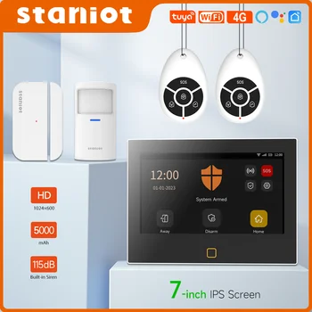 Staniot 7 pollici senza fili Antifurto Kit WiFi 4G Tuya Smart Home Sistema di Allarme di Sicurezza Built-in Sirena di 5 anni con Porta Finestra del Sensore