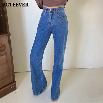 BGTEEVER Casual Sciolto Dritto Jeans Donna Pantaloni a Vita Alta Tasche Femminile Pavimento-lunghezza Gamba Larga Pantaloni in Denim 2021 Autunno
