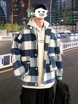 Gmiixder Inverno Hip Hop Cappotto di Lana Uomo Breve Hong Kong Trend di Stile Giacca Sciolto Bello Giovani con Revers Plaid Ispessita Giacche