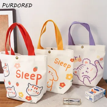 PURDORED 1 Pc Donne Cartoon Mini Borsa Moda Stile coreano Piccolo Shopping Bag per la Ragazza Fresca di Tela Riutilizzabile Bagagli Tote Bag