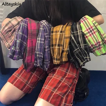 Shorts Donna Harajuku Varia Colori Plaid Casual Pantalones Cortos De Mujer Elastico Allentato Vita Alta Moda Estiva Nuovo