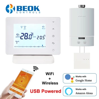 Beok RF Wireless Wifi Smart Termostato per Caldaia a Gas Regolatore di Temperatura Alimentato da USB Funziona con Google Home Alexa