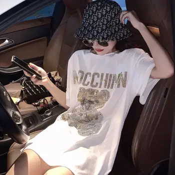 Bianco manica Corta T-shirt Femminile coreano di media lunghezza Sciolti Caldo di Perforazione Orso Sciolto Camicia Estiva Donna libera Tshirts