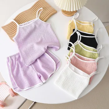Ragazze Camisole Set 2023 Estate Sottile Moda Slip Ragazze Pantaloncini Tuta Abbigliamento Casual Colore Solido Bambini Set di Abbigliamento per Bambini