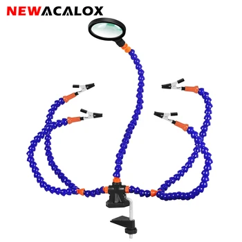 NEWACALOX Saldatura Terza Mano 3X Magnifier PCB Titolare Stazione di Saldatura Con 5Pcs Bracci Flessibili di Saldatura di Riparazione Strumento