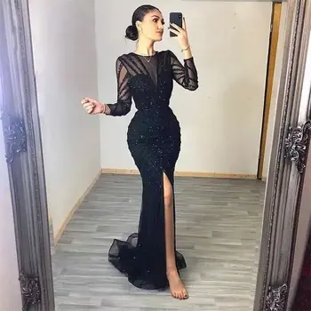 Lusso Sirena Nera Manica Lunga arabo Abito da Sera per le Donne del Partito Abiti Formali Split Anteriore Dubai Laurea Prom Dress