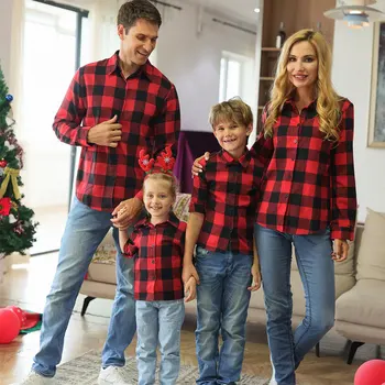 Natale a Mamma e Me T-shirt Vestiti di Famiglia abbinare Abiti Plaid Madre Figlia Padre Figlio Cotone Camicie a Maniche Lunghe