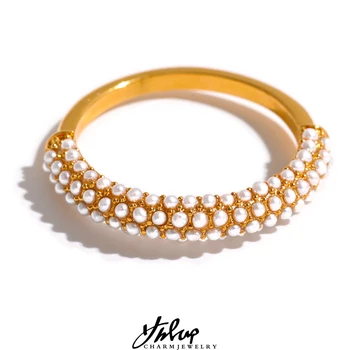 Yhpup Elegante Imitazione Perle in Acciaio Inox Fascino Chic Anello Placcato Oro 18K Impermeabile alla Moda Romantica Gioielli delle Donne