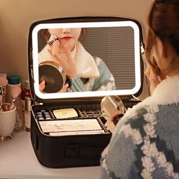 Smart LED di Caso Cosmetico con Specchio Cosmetico, Borsa da Viaggio Sacchetti di Trucco per le Donne di Moda di Archiviazione Portatile Borsa da Viaggio Sacchetti di Trucco