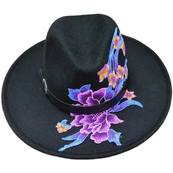 2021 Fedora cappello ricamato autunno, cappello di lana originale ricamo cappello stile etnico grande orlo di jazz cappello per gli uomini e le donne