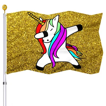 Divertente Unicorno Danza Bandiera Banner con Occhielli in Ottone Interna Decorazione Esterna con lo Sfondo Dorato, con cuciture Doppie Bandiere per gli Uomini le Donne