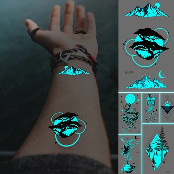 Blu Bagliore Luminoso Autoadesivo Del Tatuaggio Di Montagna Luna Impermeabile Temporanea Tatoo Natura, Foresta, Mare Falso Tatto Per L'Arte Del Corpo Di Donne E Di Uomini