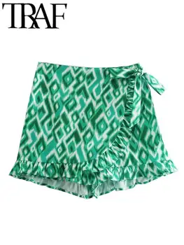 TRAF Short Pantalone Donna 2022 Verde Geometria Stampa Fungo Impacco di Pizzo Chic Elegante Pantaloncini Estivi