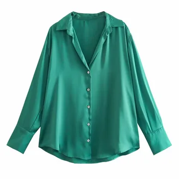 Donne Nuova 2023 Fashion Fluido in Raso Sciolto Camicie Bluse Vintage Manica Lunga Button-up Femminile Camicie Cime Chic