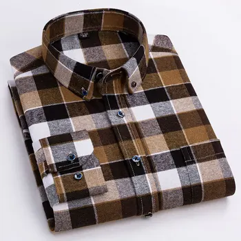 Nuovo Puro Cotone Uomo Flanella Manica Lunga Shirt Regular Fit di Alta Qualità, Colletto Button-down Sociale Casual Plaid Shirt Uomo