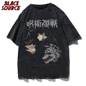 Gli Uomini Di Harajuku Lavata Nera T-Shirt Hip Hop Streetwear Graphic T-Shirt In Cotone Casual Maglietta Estiva Manica Corta Top Japan Anime