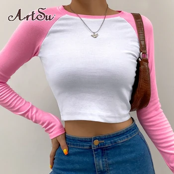 Artsu di Colore a Contrasto 100% Cotone T-Shirt Long Sleeve Donne Patchwork T-shirt Autunno Inverno, Nuova 2020 Casual Crop Top t-shirt