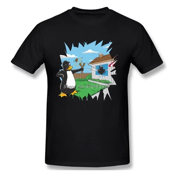 Linux Programma Divertente l'Arrivo del Nuovo T-Shirt Penguin Usa Una Fionda Per rompere Una Finestra Con Una Mela O-collo del Cotone Per gli Uomini