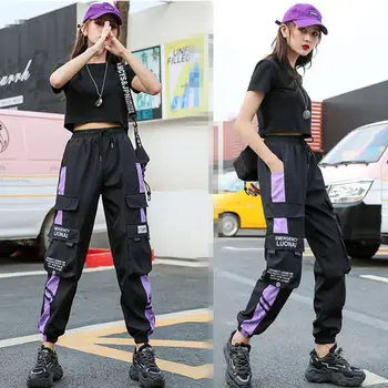 Donna Pantaloni Cargo Fibbia Nastro Tasca Jogger Elastico in Vita Alto Streetwear Harajuku Pant Punk Anello della Catena Femmine Pantaloni