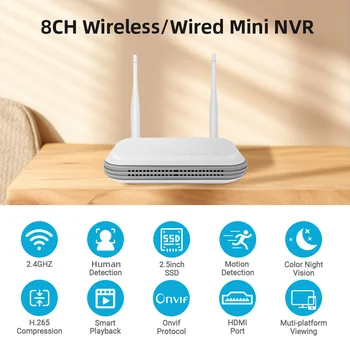 Mini Wifi NVR 8CH 4MP 8MP ICsee WIreless videoregistratore Per la Sorveglianza del Sistema di Sicurezza TF Slot per Scheda di Rilevamento Umane P2P H. 265