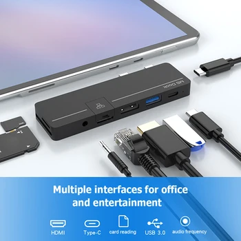 USB C Hub per Microsoft Surface Pro 8 compatibile HDMI RJ45 Audio da 3,5 mm USB3.0 TF Lettore di schede di PD Type-C Adattatore per Surface Pro X