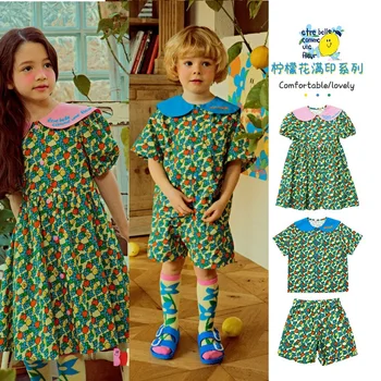 Vestito ragazza 2023 Estate Nuovo Verde Stampa di Moda per Bambini, Abito in Puro Cotone Carino Manica Corta Pantaloncini Set di Abiti per Bambini